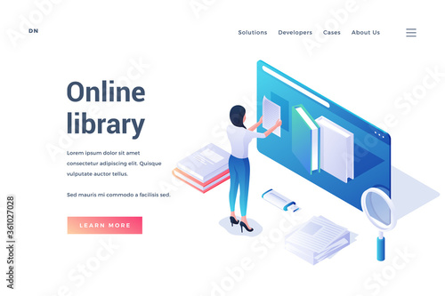 Vector banner for online library with student in three dimensions