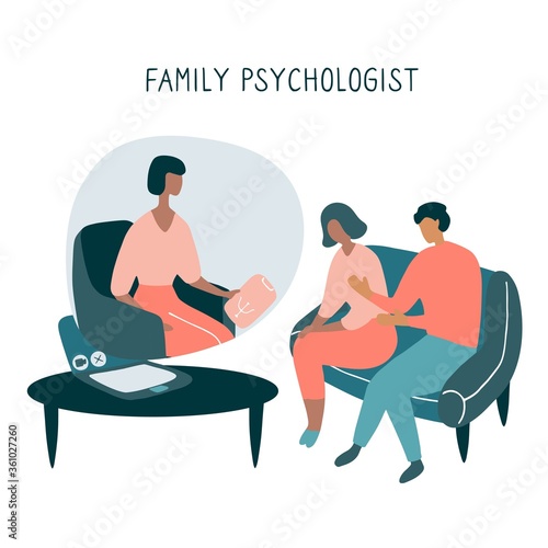 Family Psychologist. Online counseling for couple. Patients at psychological consultation. Flat doodle illustration