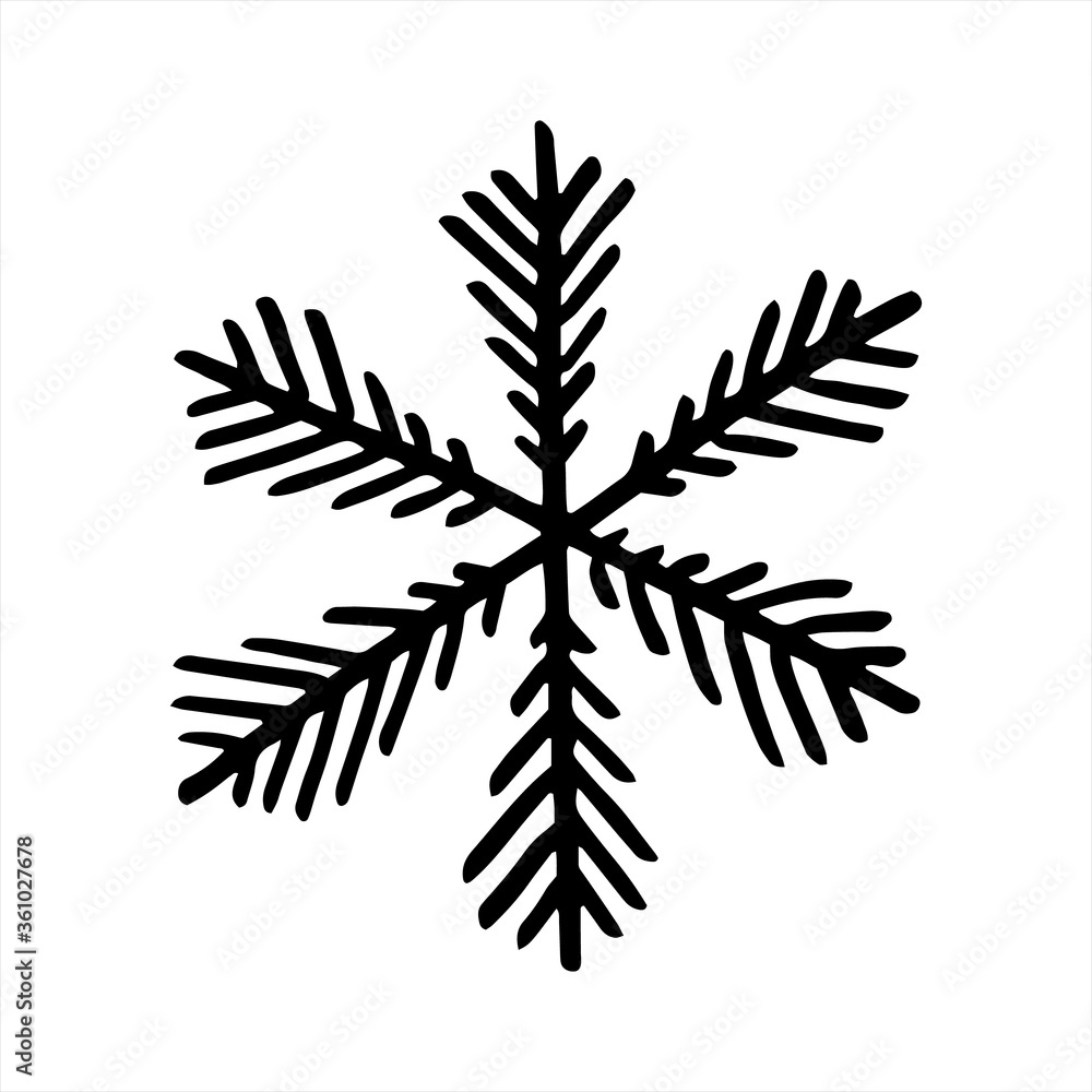 Snowflake in black and white, isolated simple hand drawn vector illustration in doodle style Snowflake in black and white, isolated simple hand drawn vector illustration in doodle style