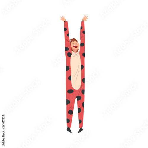 Young Cheerful Woman Wearing Spotted Costume Singing Along and Dancing at Concert Vector Illustration