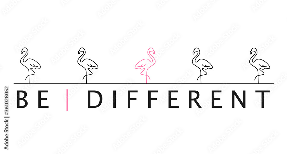 Be different flamingo bird, concept of being unique and special and not follow others, vector line art illustration