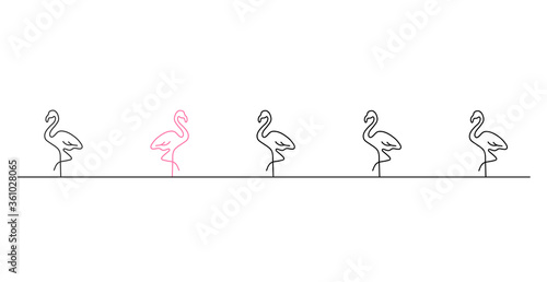 Flamingo bird stands in line with one different flamingo facing the other way and being different, vector line art illustration
