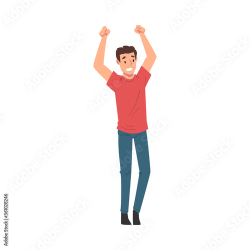 Young Cheerful Man Singing Along with Performers at Concert Vector Illustration