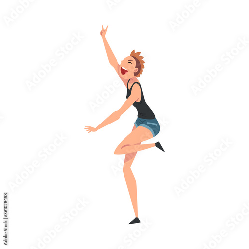 Young Cheerful Woman Singing Along and Dancing at Concert Vector Illustration