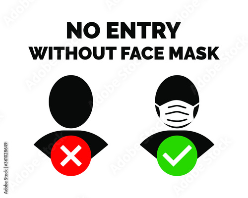 No entry without face mask caution, sign with cross and check mark