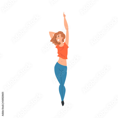 Young Cheerful Woman Singing Along and Dancing at Concert Vector Illustration