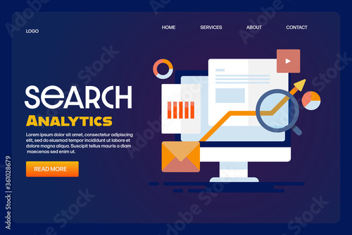 Search analytics, business and marketing data showing on computer screen, seo and website traffic, ecommerce sales analysis, increasing sales graph. Web banner template with text.
