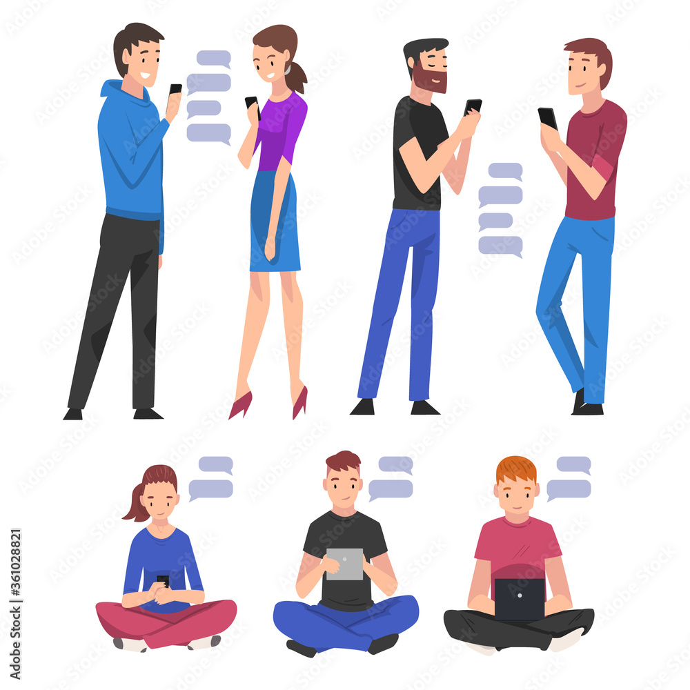 Obraz premium Set of People with Smartphones, Young Men and Women hatting Via Internet Using Digital Gadgets Vector Illustration