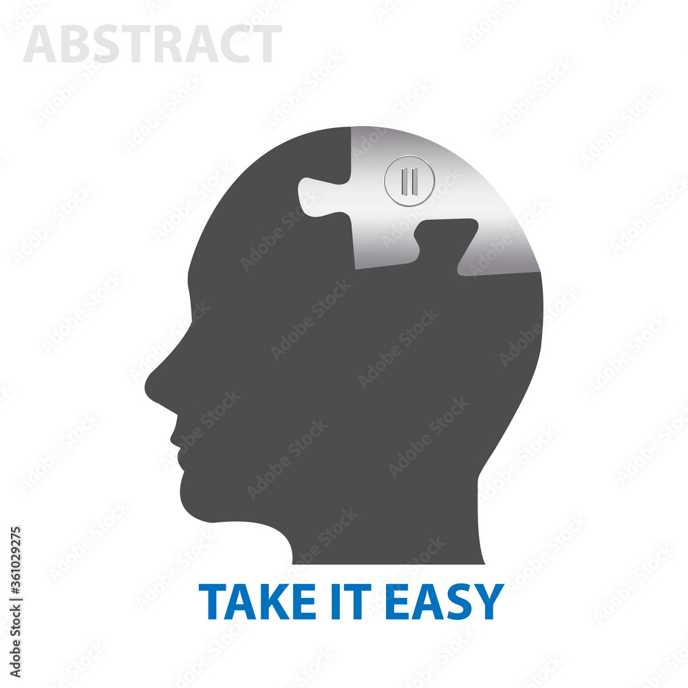 Take it easy abstract vector showing silhouette of the head of man with button pause on a metallic piece of puzzle. Isolated on the white background. Take it easy abstract vector showing silhouette of the head of man with button pause on a metallic piece of puzzle. Isolated on the white background.