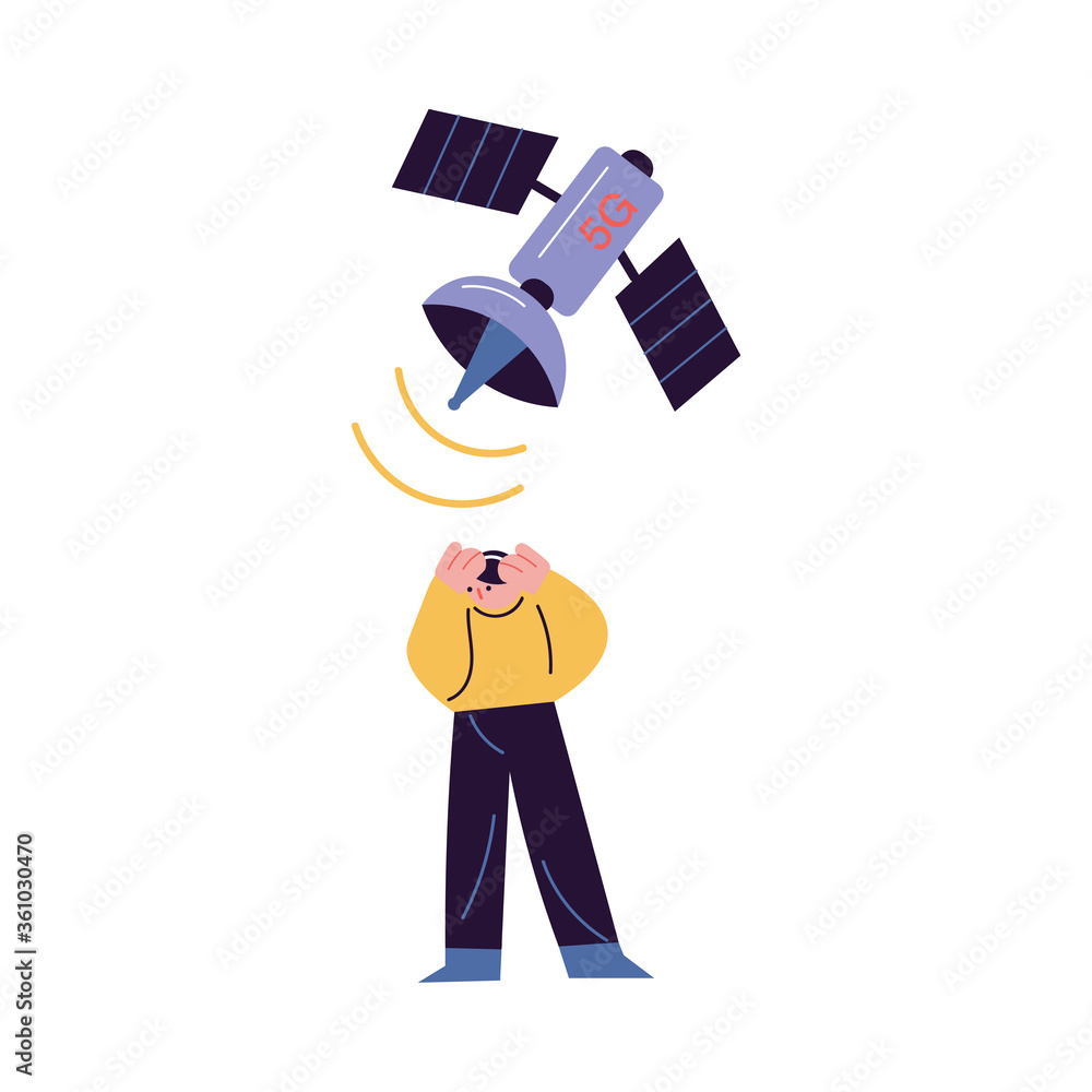 Man feeling headache with fllying above 5g satellite Man feeling headache with fllying above 5g satellite