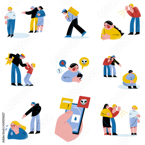 Set of different people or technologies with information bullying people