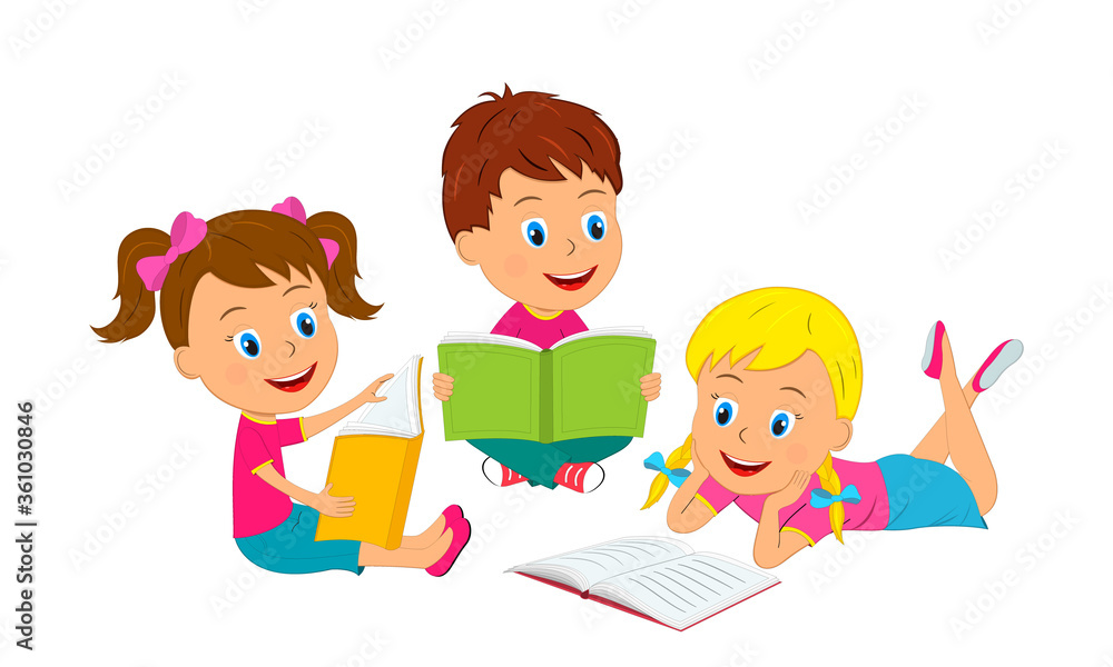 little cartoon kids,boy and girls read books, illustration, vector little cartoon kids,boy and girls read books, illustration, vector