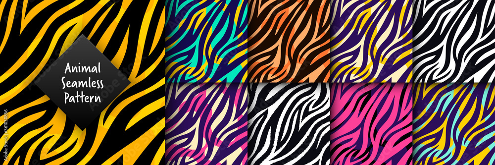 Trendy wild animal seamless pattern set. Hand drawn fashionable tiger, zebra striped skin abstract texture for fashion print design, fabric, textile, wrap, background, wallpaper. Vector illustration - obrazy, fototapety, plakaty 
