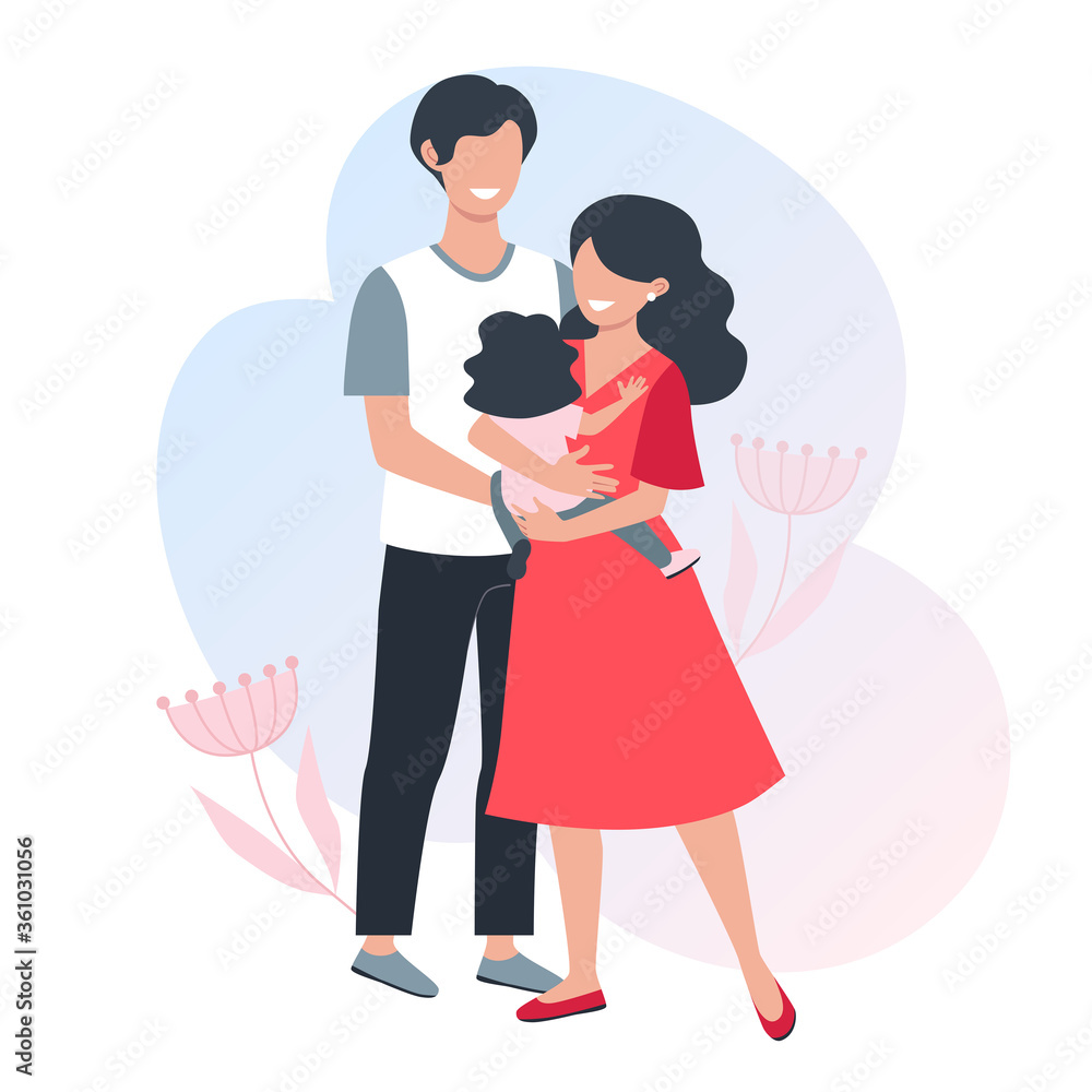 A happy family. Young parents. Mom holds a small child in her hands. Vector illustration