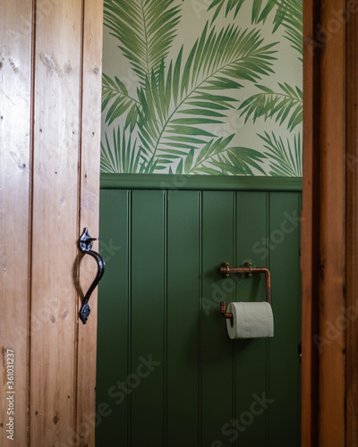 Home interior view through doorway into small bathroom downstairs loo or closet.  Shows green colour scheme with paint and wallpaper and bespoke loo roll holder