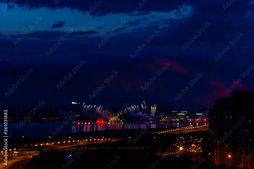 multicolored fireworks in the sky above Saint Petersburg