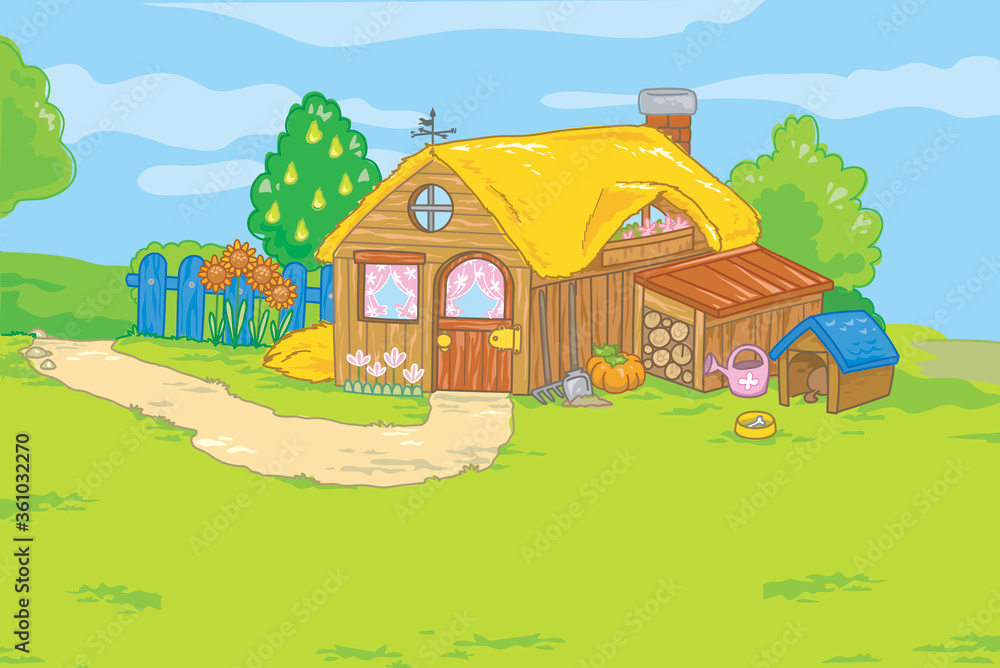Cartoon farmhouse in countryside landscape illustration