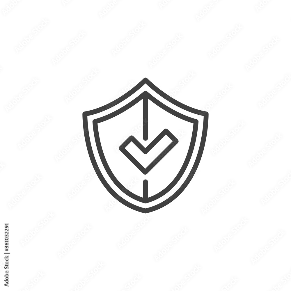 Shield with check mark line icon. linear style sign for mobile concept and web design. Protection checked outline vector icon. Symbol, logo illustration. Vector graphics Shield with check mark line icon. linear style sign for mobile concept and web design. Protection checked outline vector icon. Symbol, logo illustration. Vector graphics