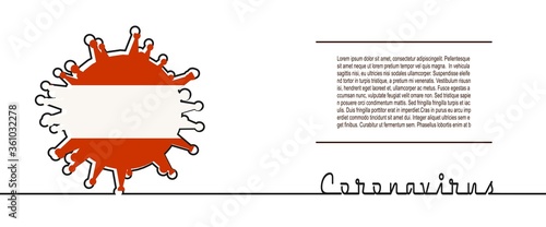 Abstract virus silhouette and Coronavirus text in thin line style. Coronavirus virus danger relative illustration. Medical research theme. Virus epidemic alert. Flag of the Austria