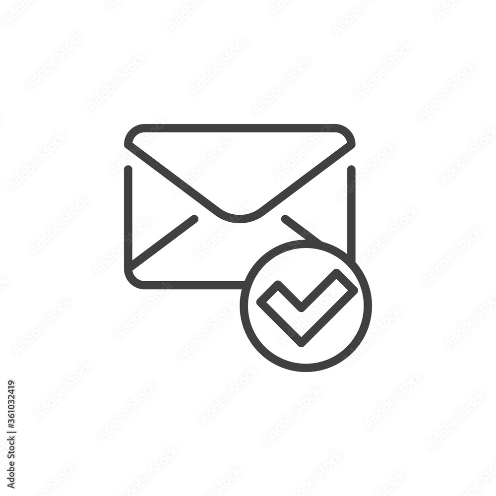 Confirmed message line icon. Received mail linear style sign for mobile concept and web design. Envelope and check mark outline vector icon. Symbol, logo illustration. Vector graphics Confirmed message line icon. Received mail linear style sign for mobile concept and web design. Envelope and check mark outline vector icon. Symbol, logo illustration. Vector graphics