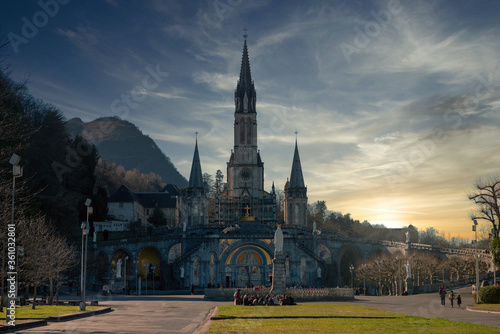 View of the basilica of Lourdes city, France