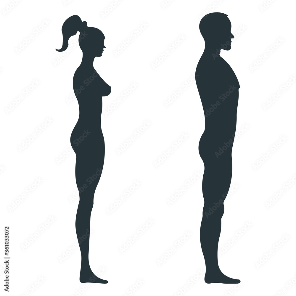 Male and female human character, people man woman view side body silhouette, isolated on white, flat vector illustration. Black people scale concept.