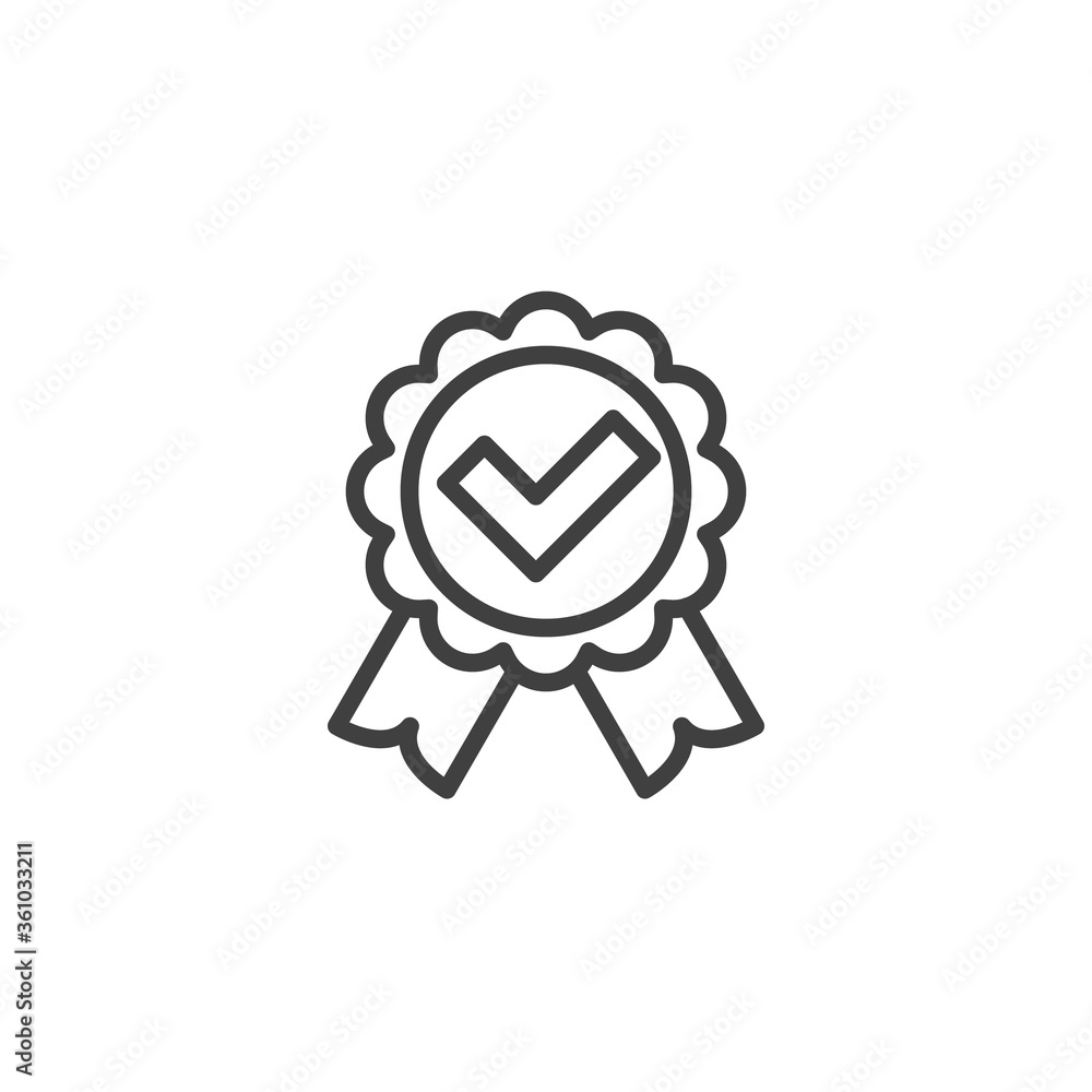 Approved, certified line icon. Quality badge with check mark linear style sign for mobile concept and web design. Guaranty certificate outline vector icon. Symbol, logo illustration. Vector graphics Approved, certified line icon. Quality badge with check mark linear style sign for mobile concept and web design. Guaranty certificate outline vector icon. Symbol, logo illustration. Vector graphics