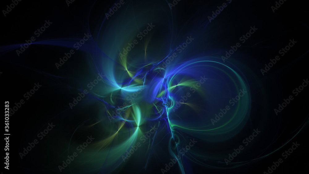 Fototapeta premium Abstract colorful blue and green glowing shapes. Fantasy light background. Digital fractal art. 3d rendering.