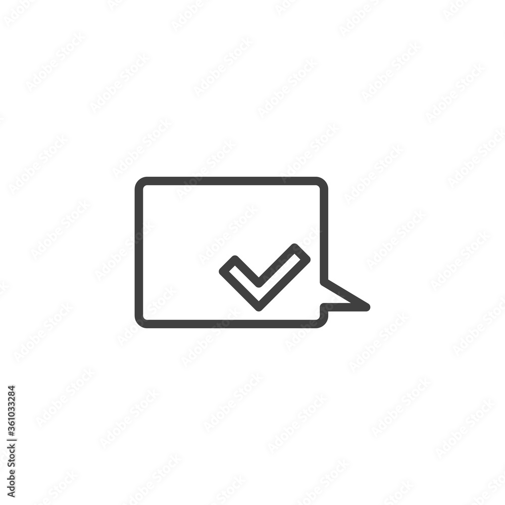 Received message line icon. linear style sign for mobile concept and web design. Speech bubble with an check mark outline vector icon. Symbol, logo illustration. Vector graphics Received message line icon. linear style sign for mobile concept and web design. Speech bubble with an check mark outline vector icon. Symbol, logo illustration. Vector graphics