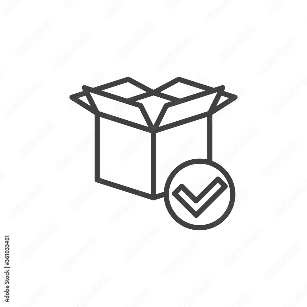 Package delivered line icon. Received parcel linear style sign for mobile concept and web design. Package box with check mark outline vector icon. Symbol, logo illustration. Vector graphics Package delivered line icon. Received parcel linear style sign for mobile concept and web design. Package box with check mark outline vector icon. Symbol, logo illustration. Vector graphics