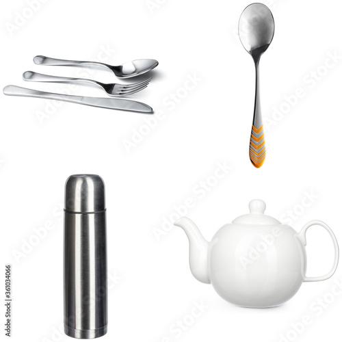 Collage of crockery and cutlery on white background
