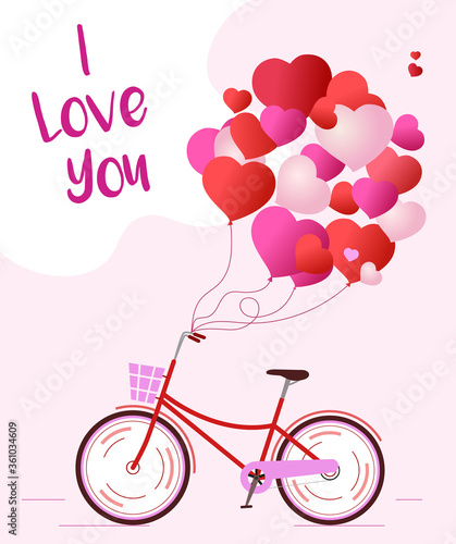 Background for a love card with a Bicycle and balloons in the form of hearts. Vector poster in modern flat style.