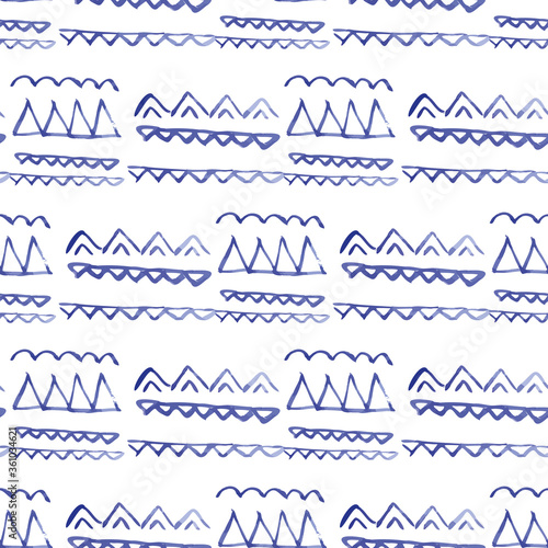 Vector seamless pattern ethnic indigo watercolor with blue trinagles, chevrons and white background. photo