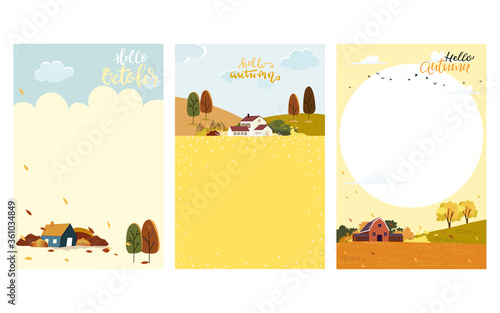 Set of Cute cartoon Autumn landscape farm fild with copy space  Vector Hello Autumn with forest tree  Autumn or Fall season for Banner  Sale  Card and template background