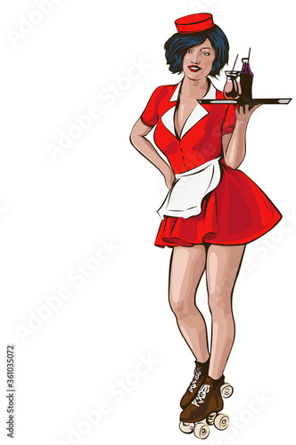 Waitress with plate on roller skates. Red dress. Diner waitress. Vector image