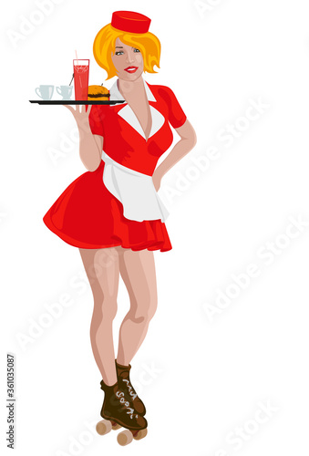 Waitress with plate on roller skates. Red dress. Diner waitress. Vector image