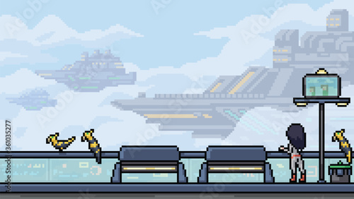 vector pixel art scene sci fi airship