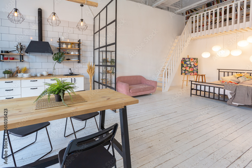 View of luxury modern design of a cozy small Scandinavian-style studio ...