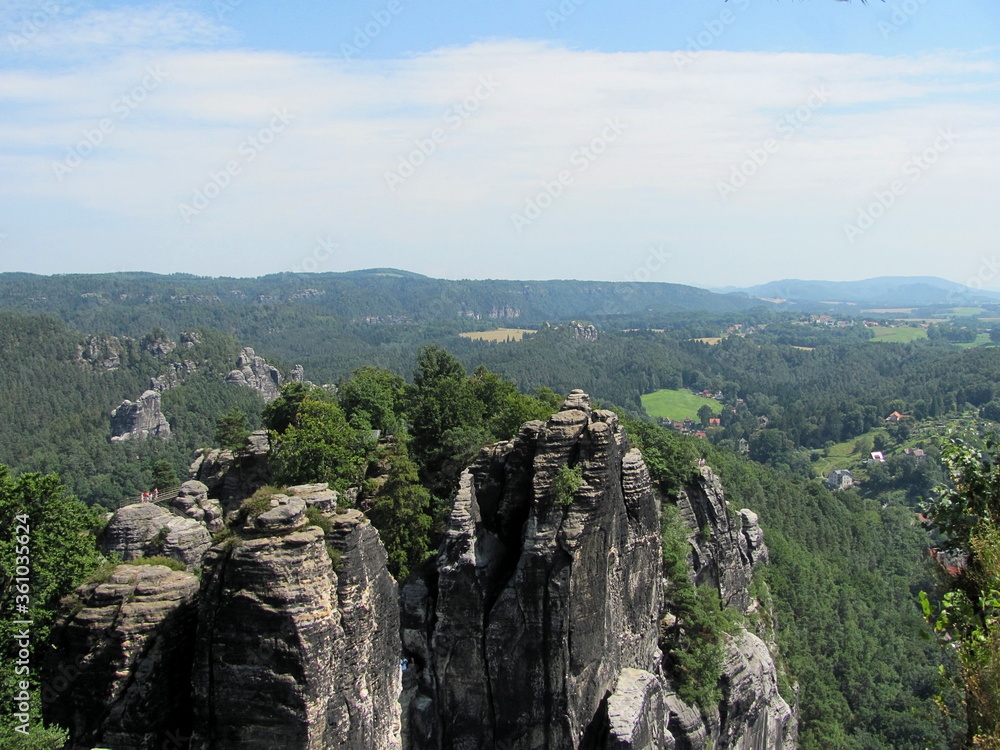 Panoramic view of the Bastei rocks in Saxon Switzerland, Germany