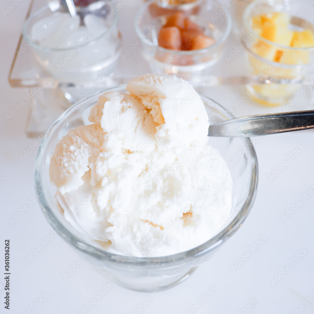 Coconut milk ice cream with Thai style toppings Coconut milk ice cream with Thai style toppings