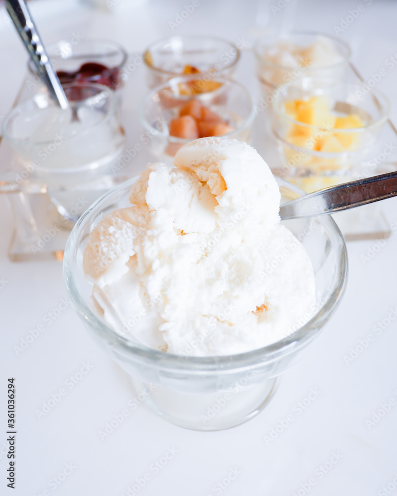 Coconut milk ice cream with Thai style toppings Coconut milk ice cream with Thai style toppings