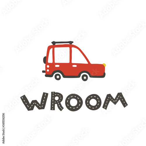 Wroom. Lettering and Vector childish illustration of a red typewriter in a simple hand-drawn Scandinavian style. Ideal for baby clothes, room decor