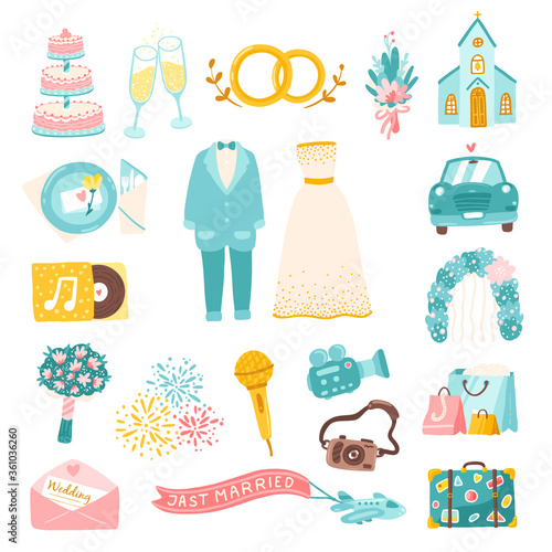 Wedding vector set of cartoon hand-drawn icons. Cute simple illustrations of a wedding dress, costume, flowers and the entire organization of the celebration