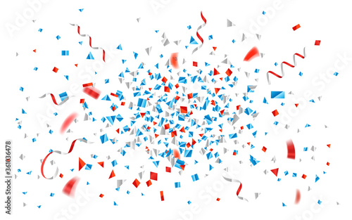 Blue and red foil confetti and ribbons explosion