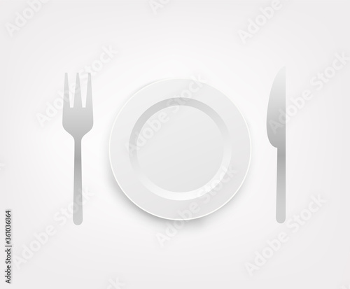 Plate, spoon and fork emoji isolated on white background
