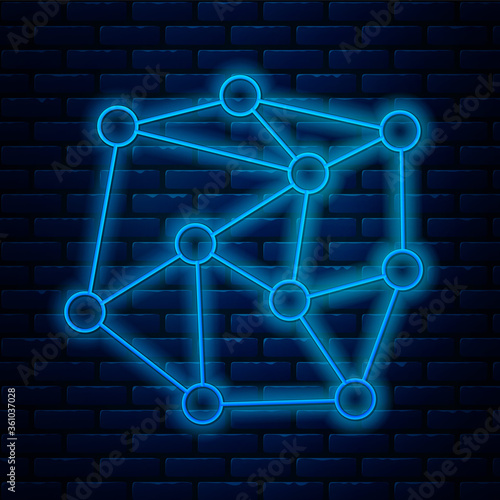 Glowing neon line Neural network icon isolated on brick wall background. Artificial Intelligence. Vector Illustration.