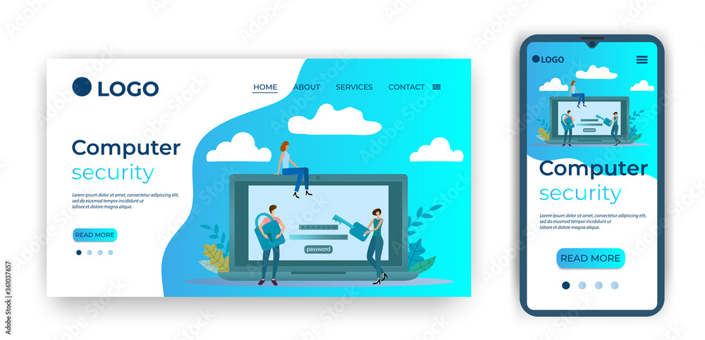 Computer security.Template for the user interface of the website's home page.Landing page template.The adaptive design of the smartphone.vector illustration. Computer security.Template for the user interface of the website's home page.Landing page template.The adaptive design of the smartphone.vector illustration.