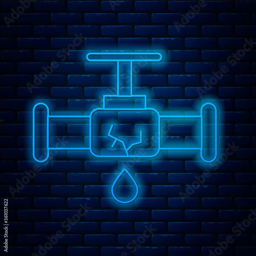 Glowing neon line Broken metal pipe with leaking water icon isolated on brick wall background. Vector Illustration.