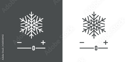 Concepto aire acondicionado. Icono plano lineal copo de nieve con control de nivel más menos en fondo gris y fondo blanco photo
