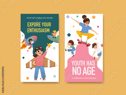 Youth day instagram template design for international youth day,social media,online community and internet watercolor vector illustration